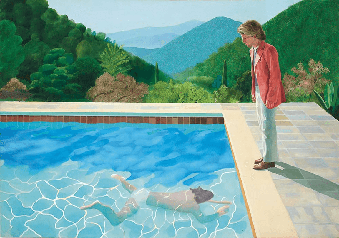A person standing beside a swimming pool in a painted landscape