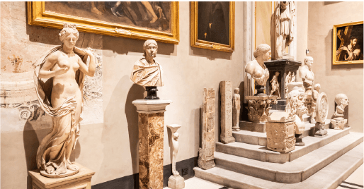 Classical sculpture gallery with marble statues